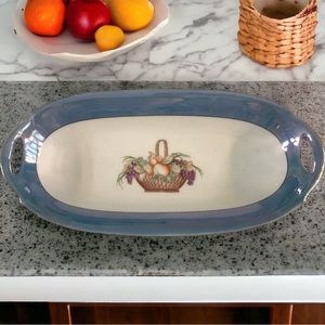Vtg PM Bavaria Lusterware Long Relish Plate Fruit Basket Design with Blue Trim